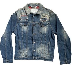 2000s Zara Man Distressed Denim Jacket Southwest Aztec Fabric Repairs Size M